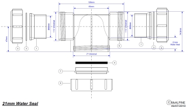 Preview: echnisches Diagramm eines weißen McAlpine Leitungssiphons DN40 in T-Form mit Maßangaben, 1 ½ Zoll Anschlüssen und einer 2 Zoll Kappe